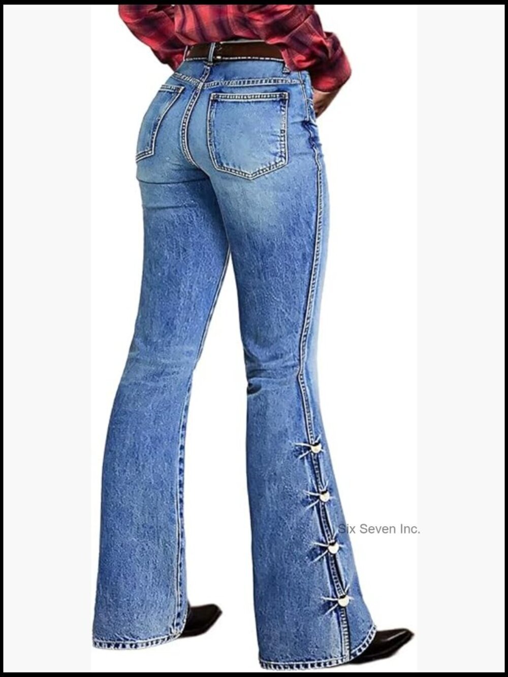 Buttoned Hem Bootcut Jeans Mid Waist Casual Pants with Pockets